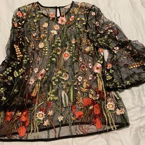 Sheer floral embroidered plus top